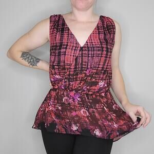 Bisou Bisou Pink Floral Plaid Peplum Blouse Top Size Small